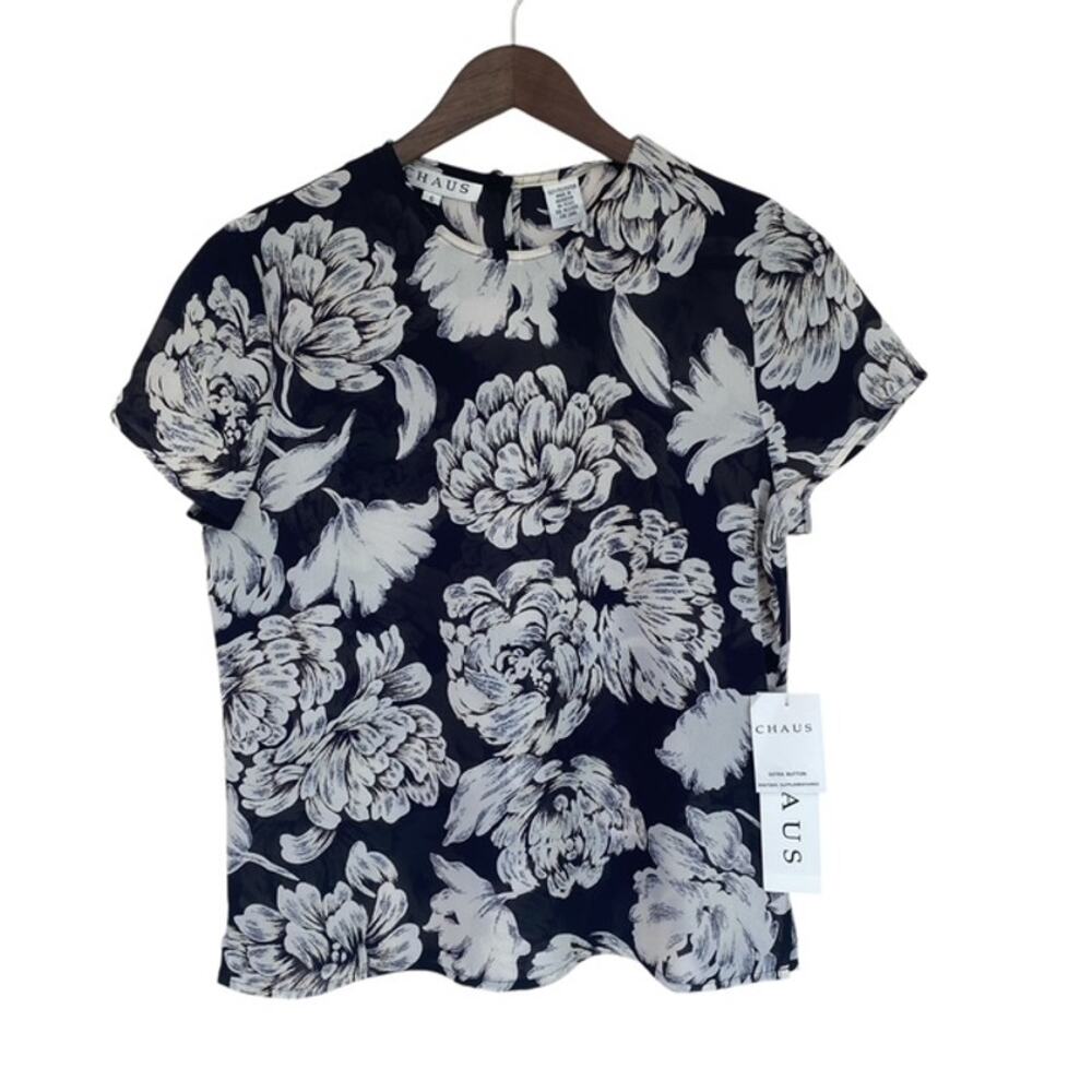 Chaus Dark Navy Sheer Floral Blouse - Size 6 - NWT